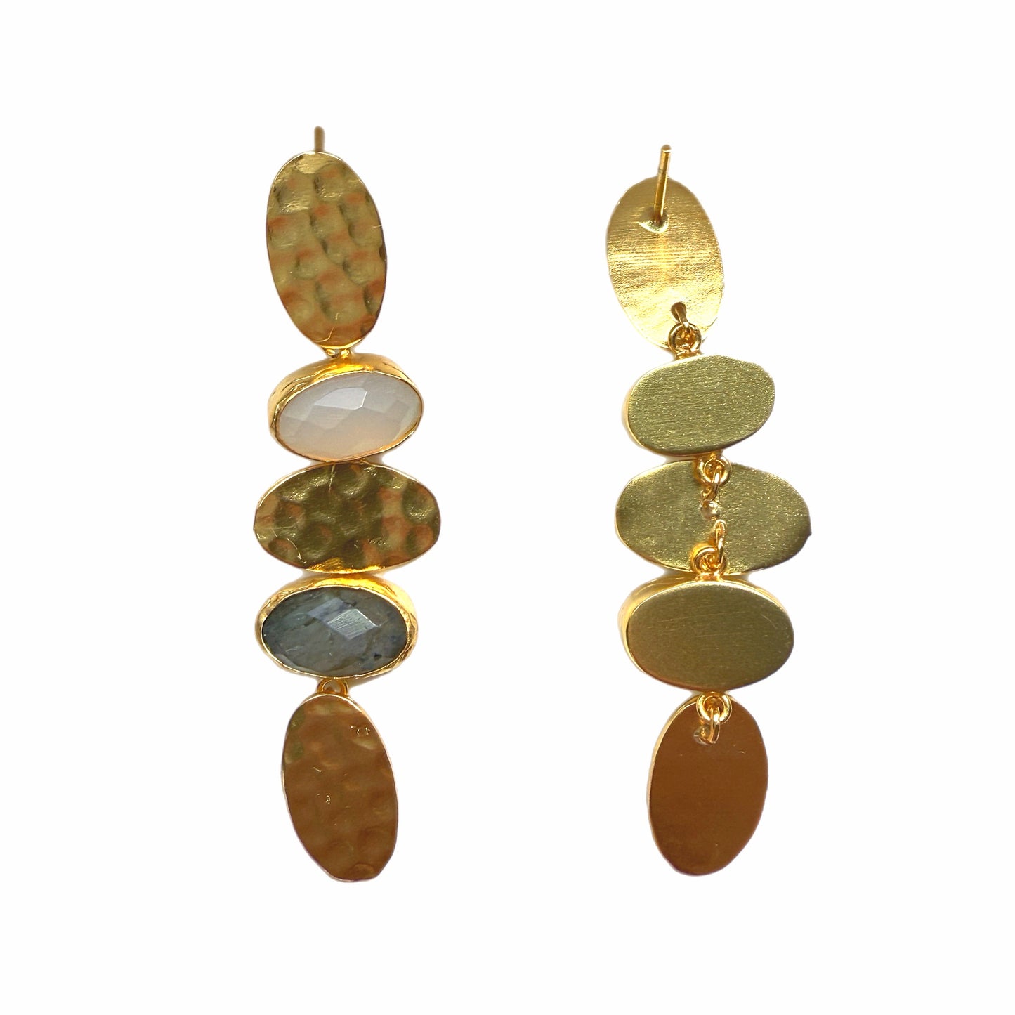 Everyday elegant handmade Gold-plated hammer-finished labradorite and snow Quartz earrings On white backdrop 
