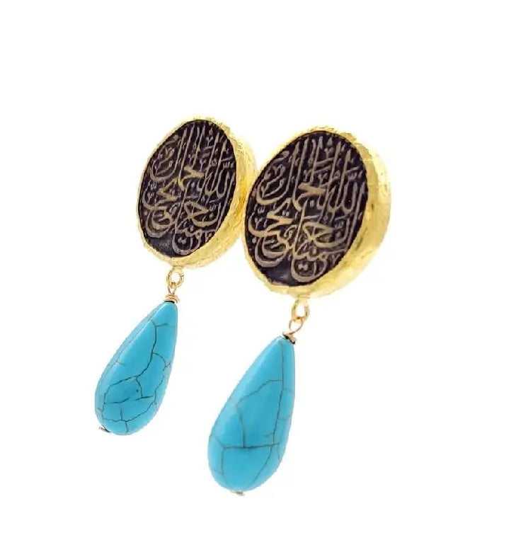 Handmade sustainable antique finish Muslim Arabic calligraphy gold-plated turquoise drop Earrings with gold turquoise teardrop on a white background