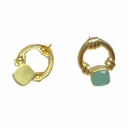 Handmadesustainable Gold-plated Aqua Chalcedony doorknocker stud earrings on a White background 