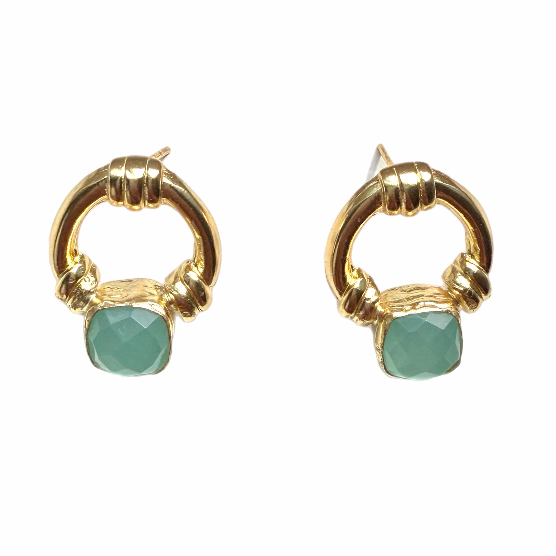 Handmade sustainable Gold-plated Aqua Chalcedony doorknocker stud earrings on a White backdrop