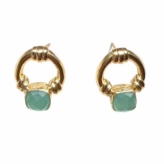 Handmade sustainable Gold-plated Aqua Chalcedony doorknocker stud earrings on a White backdrop