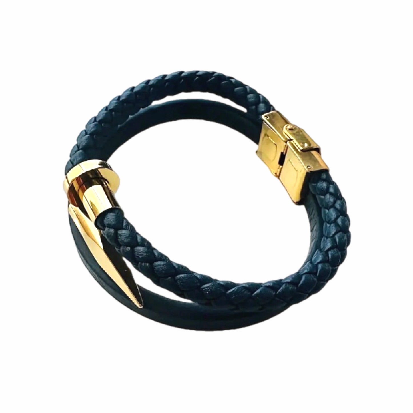 A black braided leather wrap bracelet with a gold-toned spike clasp and a gold-toned slide clasp, shown on a plain white background.
