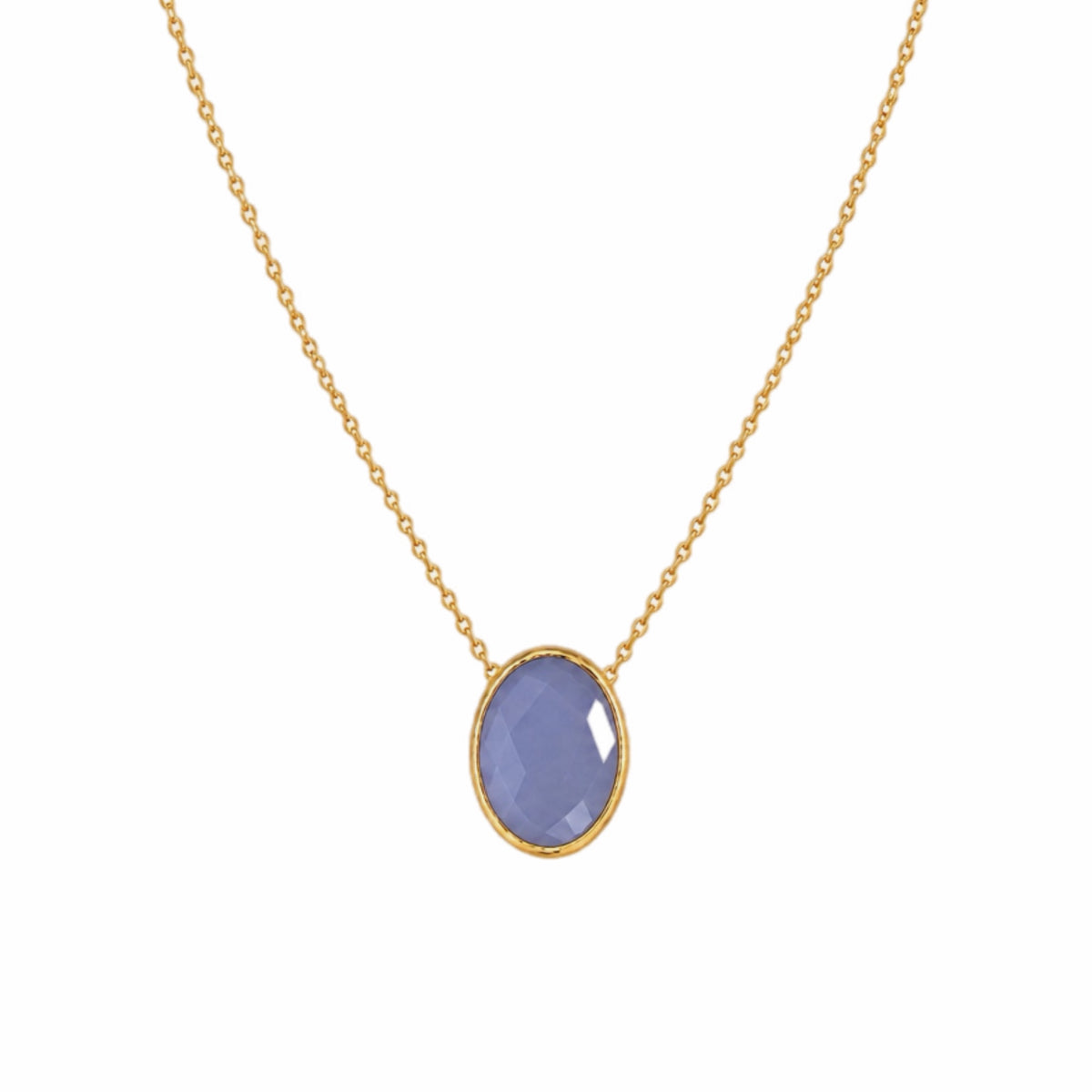 minimal gold chain faceted blue quartz pendant necklace on white background