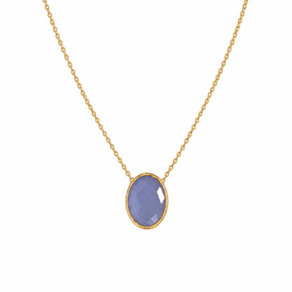 minimal gold chain faceted blue quartz pendant necklace on white background