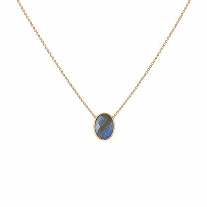 minimal gold chain faceted labradorite pendant necklace on white background