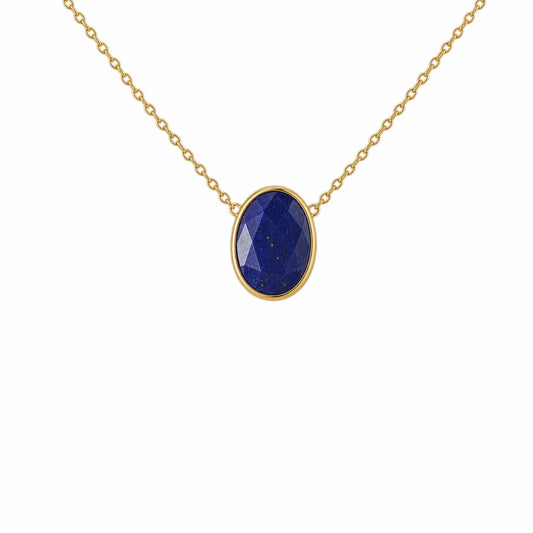 minimal gold chain faceted lapis lazuli pendant necklace on white background