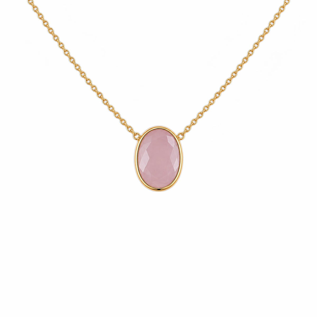 A minimal gold chain faceted rose quartz pendant necklace in plain white background.