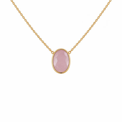 A minimal gold chain faceted rose quartz pendant necklace in plain white background.