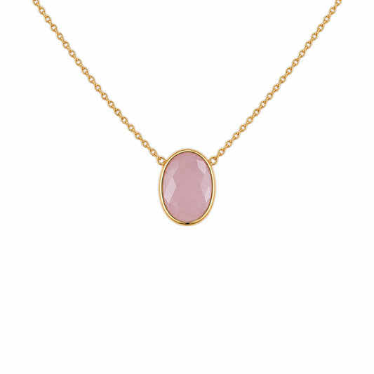 A minimal gold chain faceted rose quartz pendant necklace in plain white background.