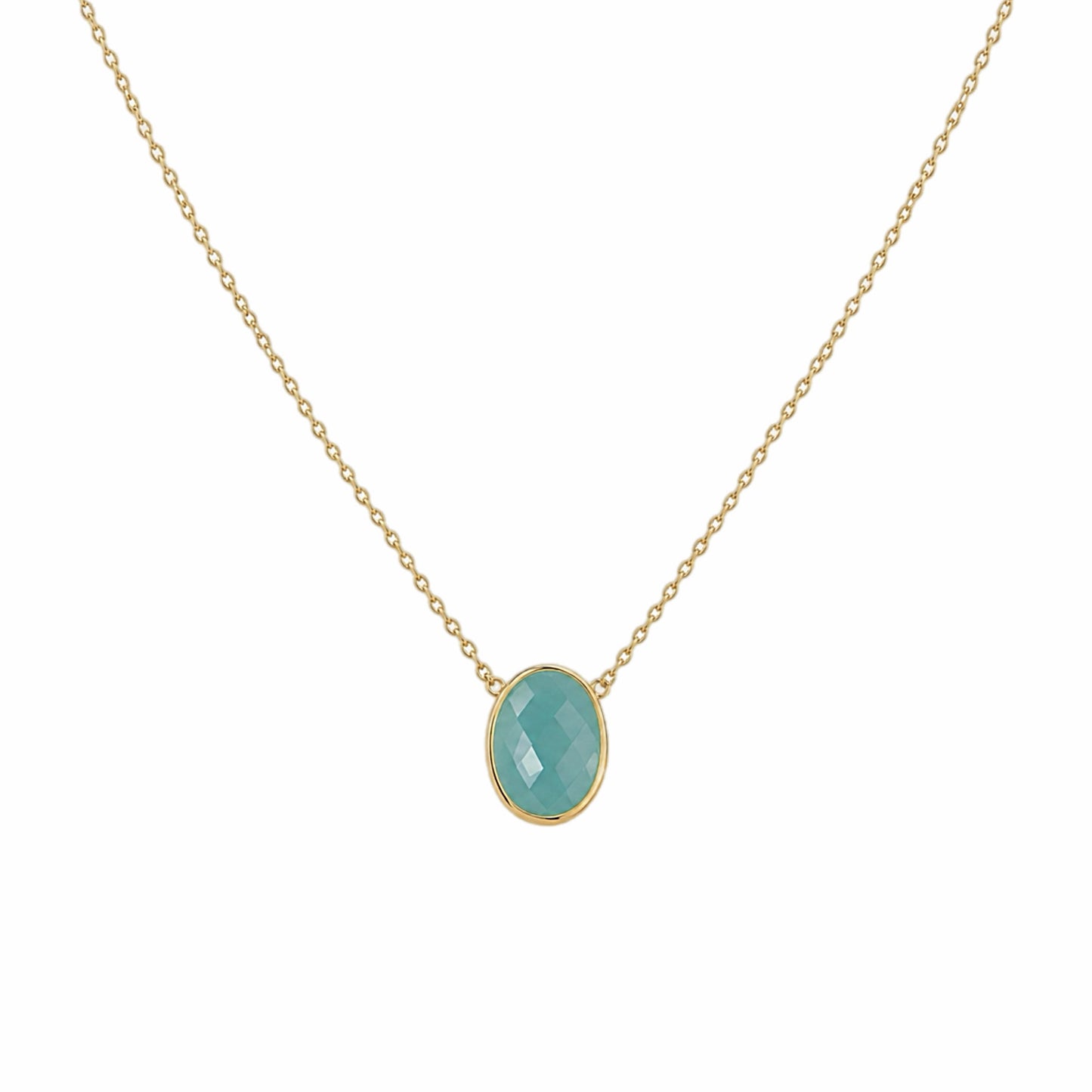 minimal gold chain faceted Aqua chalcedony pendant necklace on white background