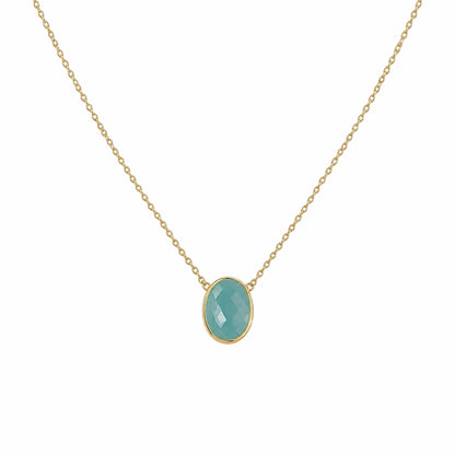 minimal gold chain faceted Aqua chalcedony pendant necklace on white background