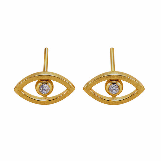 A pair of gold evil eye stud earrings with a small clear zircon gemstone in the center of each earring, shown on a plain white background.