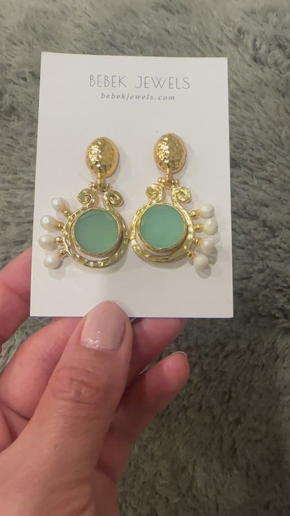 Baglama Aqua Chalecdony and Pearl Earrings