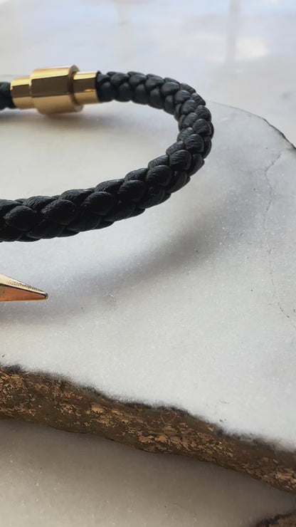 Woven Leather Nail Wrap Bracelet - Black and Gold