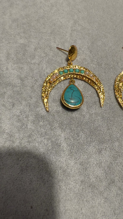 Turquoise and Pearl Cresent Horn Earrings