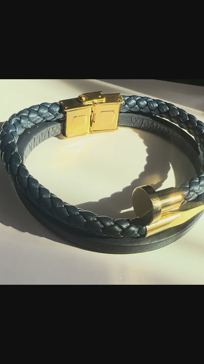Woven Leather Nail Cuff Wrap Bracelet – Navy & Gold