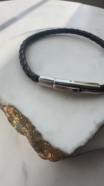 Thin Braided Leather Bracelet - Black and Silver