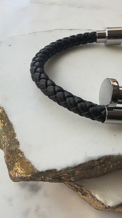 Woven Leather Nail Cuff Wrap Bracelet – Black and Silver
