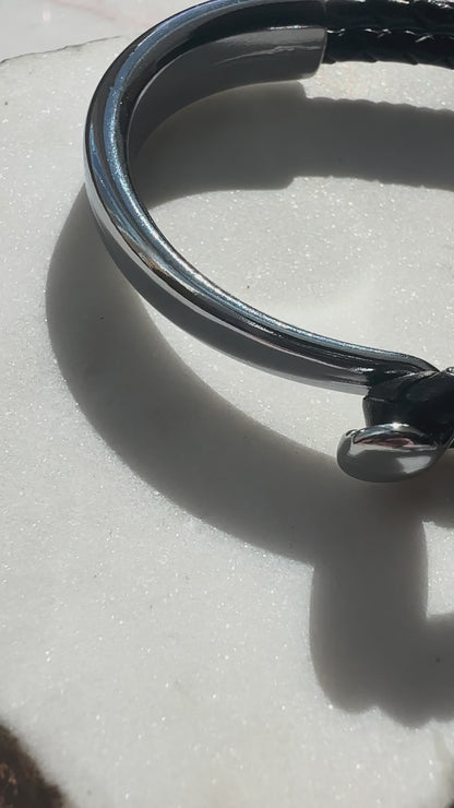 Braided Leather Bracelet - Black and Silver Cuff