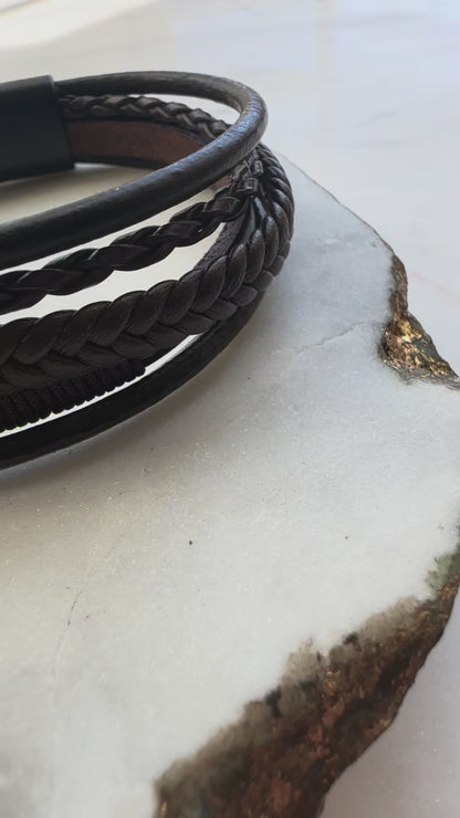 Braided Leather Multi-Strand Cuff Bracelet - Brown