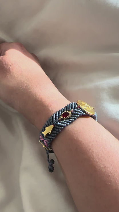 Slate Gray, Red, Pink and Gold Woven Charm Bracelet - Ava
