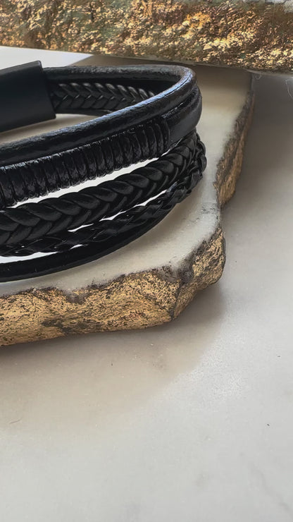 Braided Leather Multi-Strand Cuff Bracelet - Black