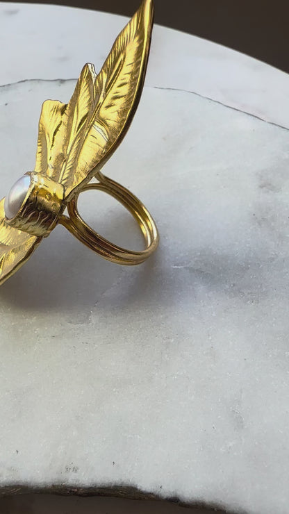 21K Gold-Plated Floral Statement Ring with Pearl - Amaya