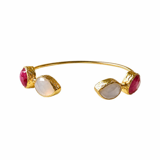 sustainable gold plated ruby snow quartz gemstone cuff bracelet handmade by bebek jewels