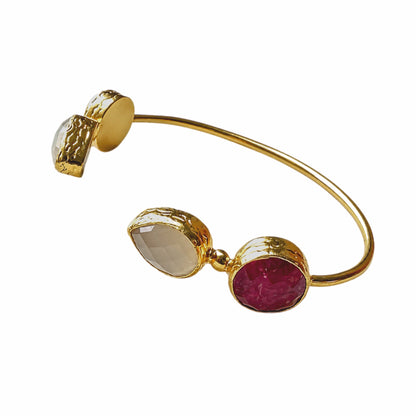 sustainable gold plated ruby snow quartz gemstone cuff bracelet side view handmade bebek jewels