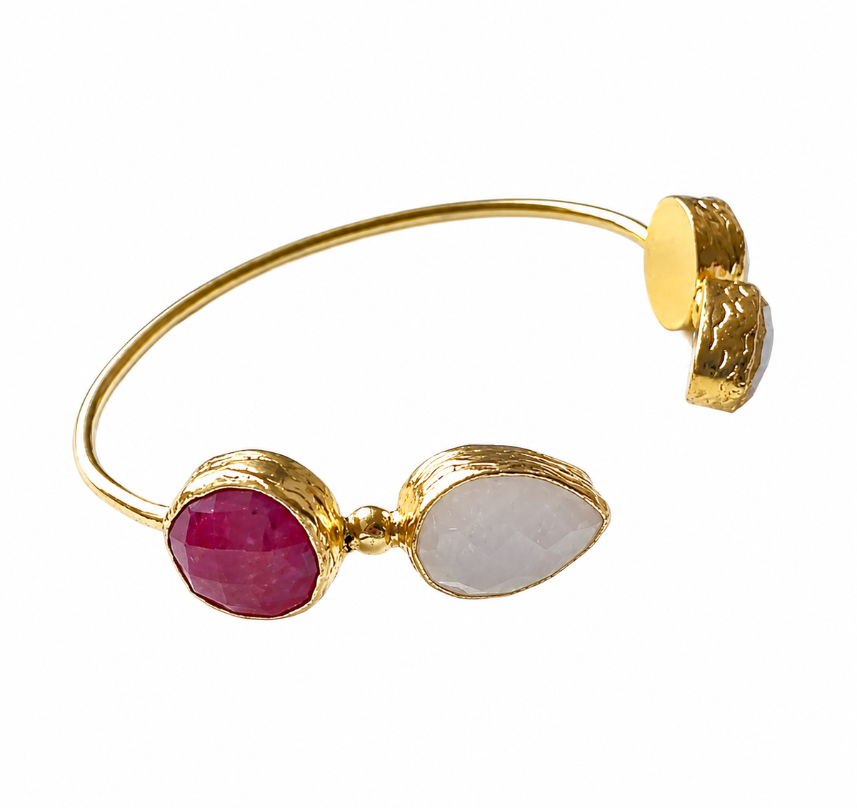 sustainable gold plated ruby snow quartz gemstone cuff bracelet right side view handmade by bebek jewels