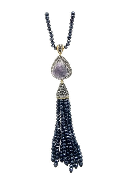Handmade Turkish Long Blue Druzy Beaded Tassle Necklace with white background 